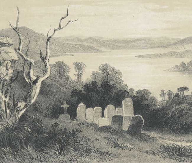 Historical black and white image of the Quarantine Burial Ground from 1822-1886.