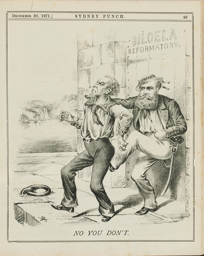 Sydney Punch Depiction of Raid by American Sailors at Biloela Reformatory.  Punch, December 30, 1871, page 49.
