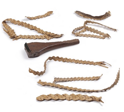 Cabbage tree hat sennets or woven leaf fragments and leaf shredder, excavated from beneath the floorboards of Hyde Park Barracks.