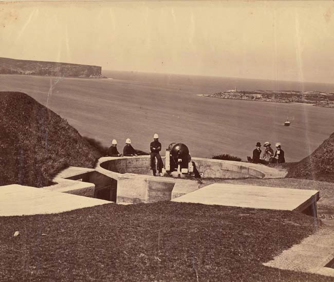 Historic image of a 80 pounder RML gun in 1890 at Georges Heights in Headland Park, Mosman.