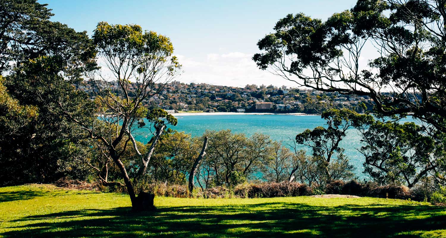 Middle Head surrounded by trees with the ocean in the background.
